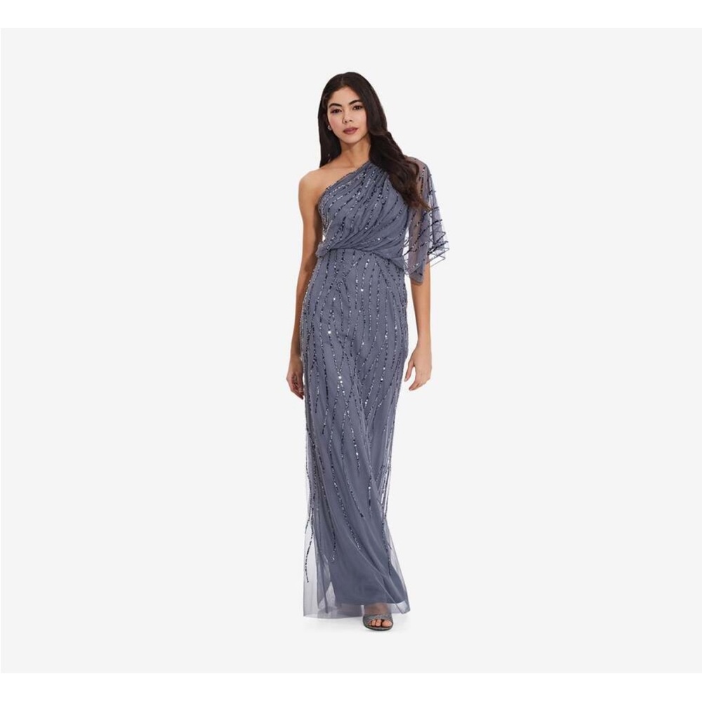 Adrianna Papell One-Shoulder Beaded Gown in Slate Blue